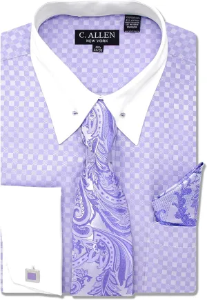 Men's Checkerd Pattern Regular Fit French Cuffs Long Sleeve Dress Shirts with Tie Hanky Cufflinks Collar Bar Combo
