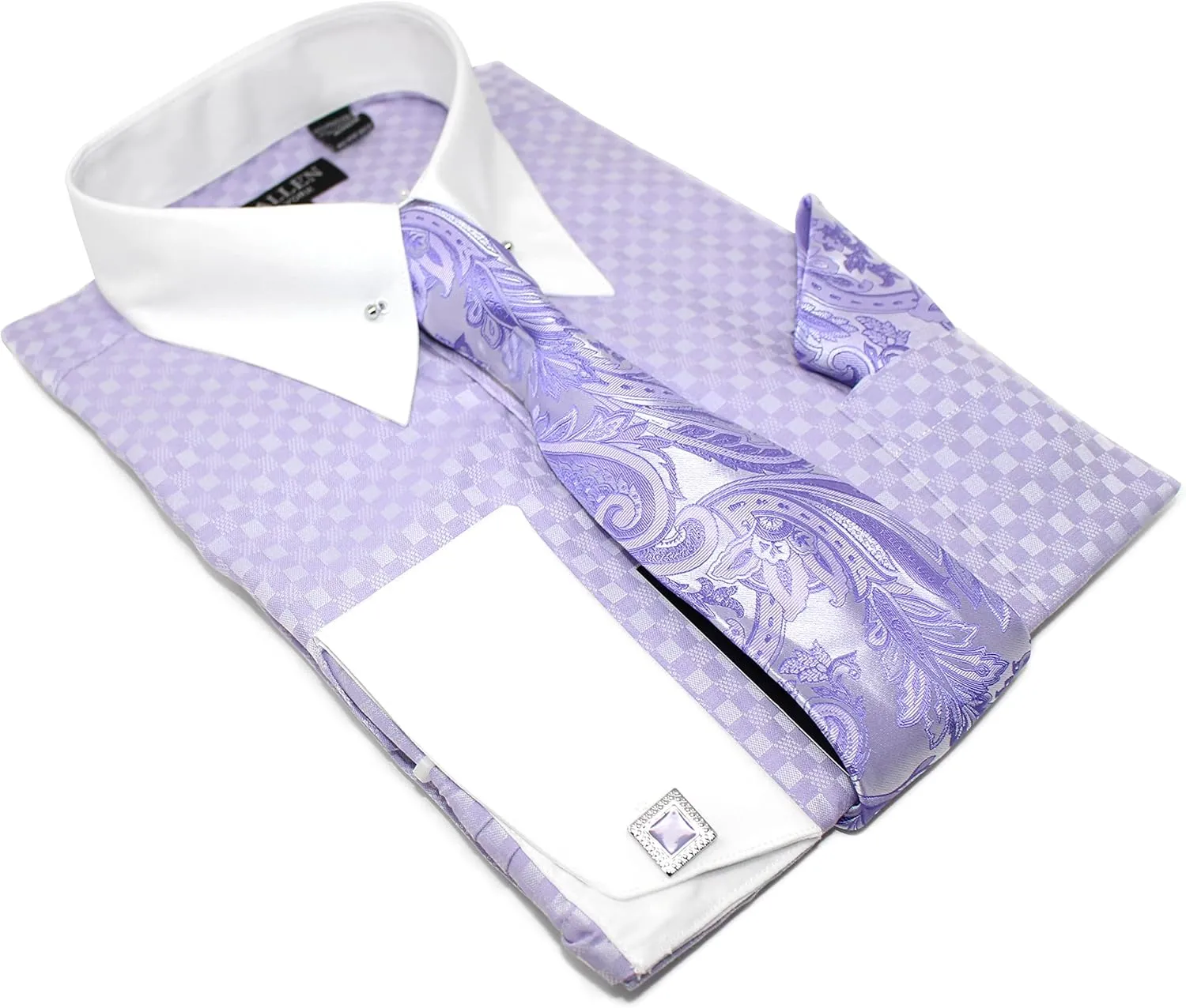 Men's Checkerd Pattern Regular Fit French Cuffs Long Sleeve Dress Shirts with Tie Hanky Cufflinks Collar Bar Combo