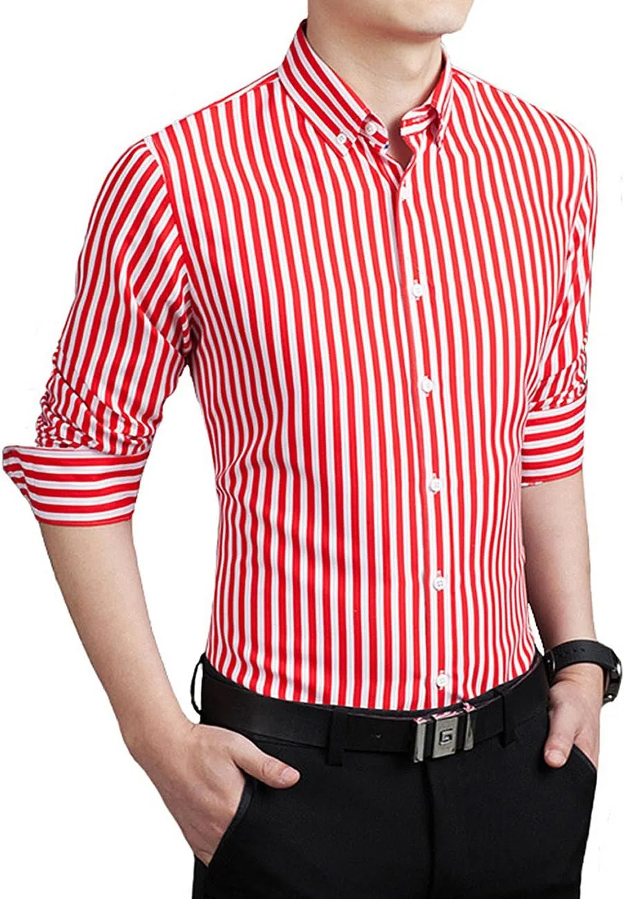 Men's Classic Casual Vertical Striped Slim Fit Long Sleeve Dress Shirts