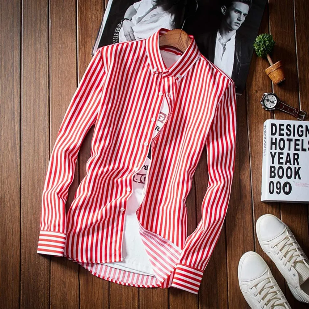 Men's Classic Casual Vertical Striped Slim Fit Long Sleeve Dress Shirts