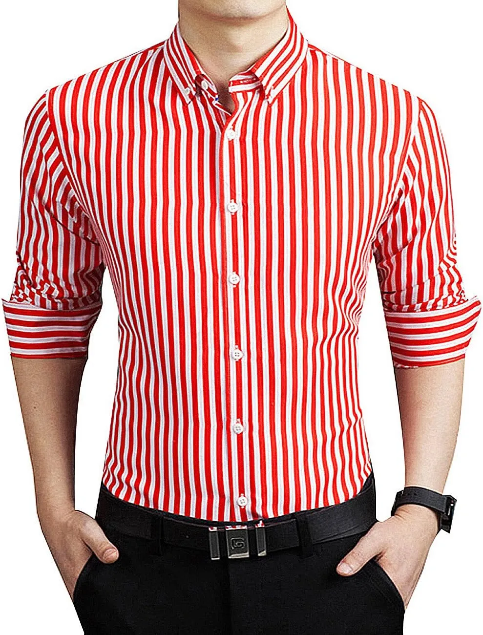 Men's Classic Casual Vertical Striped Slim Fit Long Sleeve Dress Shirts