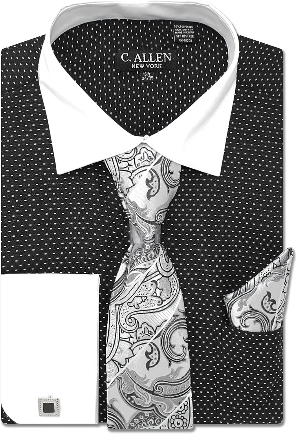 Men's Pin Dot Pattern Regular Fit French Cuffs Dress Shirts with Tie Hanky Cufflinks Combo