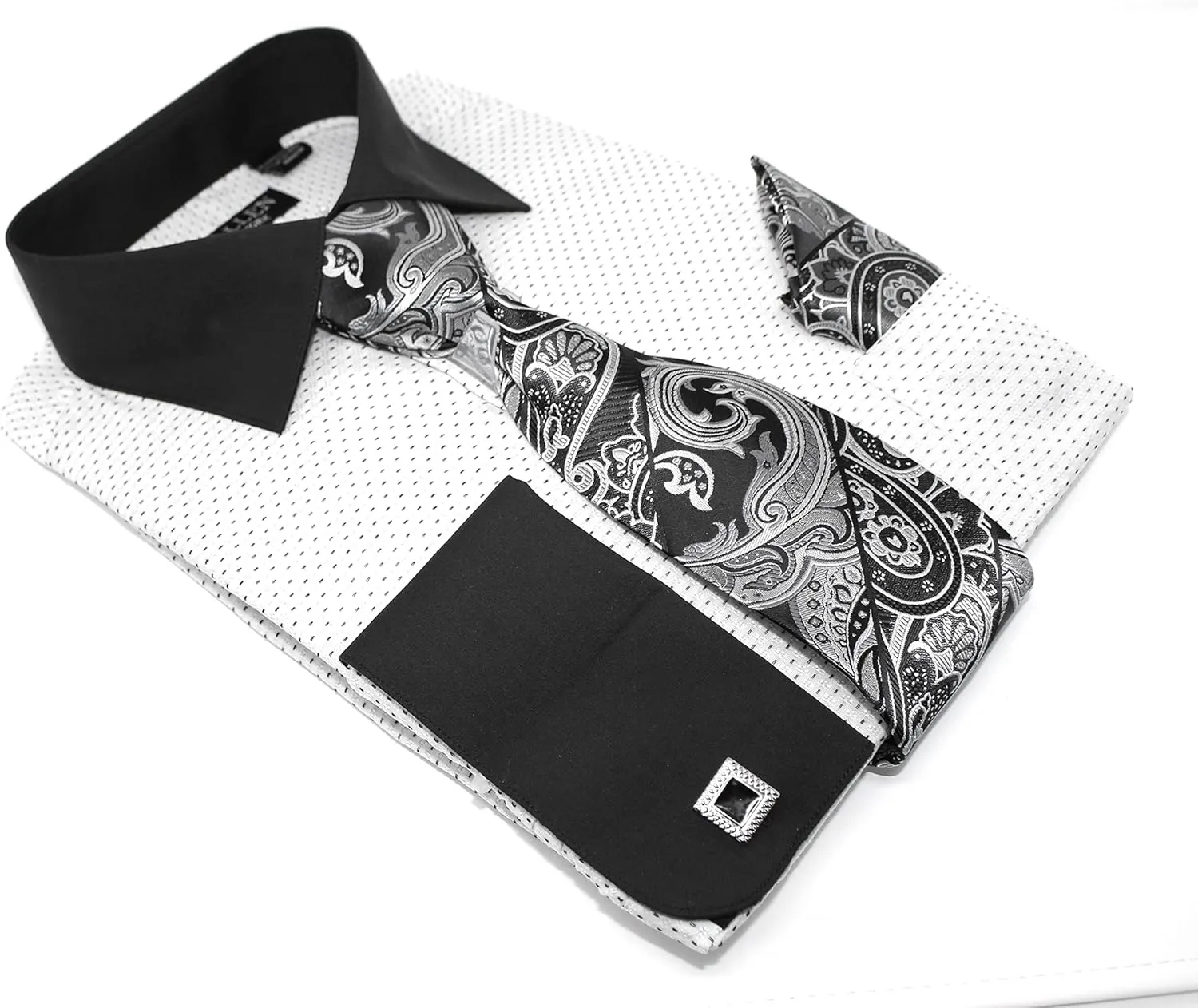 Men's Pin Dot Pattern Regular Fit French Cuffs Dress Shirts with Tie Hanky Cufflinks Combo