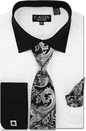 Men's Pin Dot Pattern Regular Fit French Cuffs Dress Shirts with Tie Hanky Cufflinks Combo