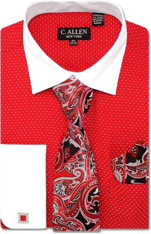 Men's Pin Dot Pattern Regular Fit French Cuffs Dress Shirts with Tie Hanky Cufflinks Combo