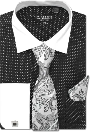 Men's Pin Dot Pattern Regular Fit French Cuffs Dress Shirts with Tie Hanky Cufflinks Combo