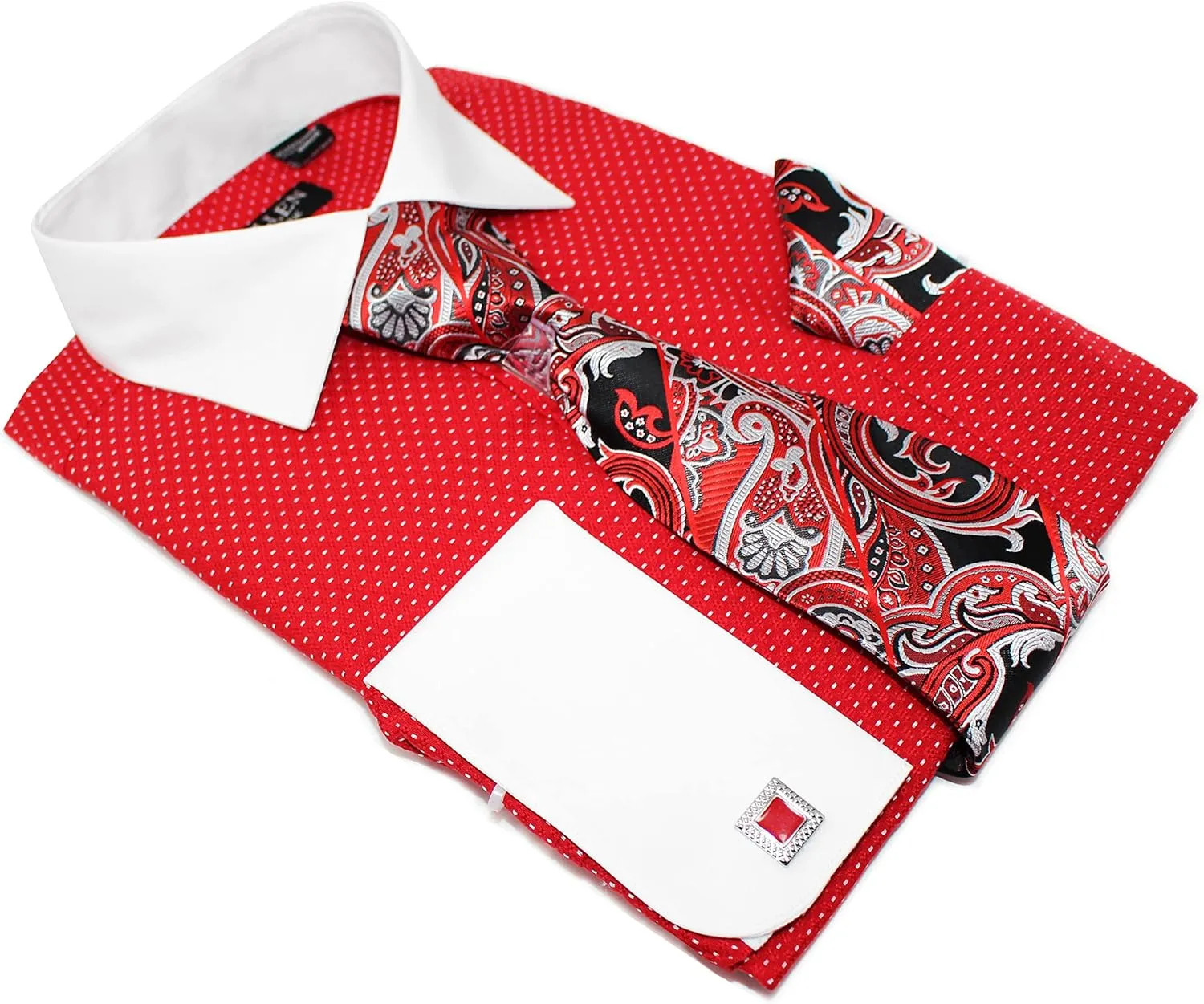 Men's Pin Dot Pattern Regular Fit French Cuffs Dress Shirts with Tie Hanky Cufflinks Combo