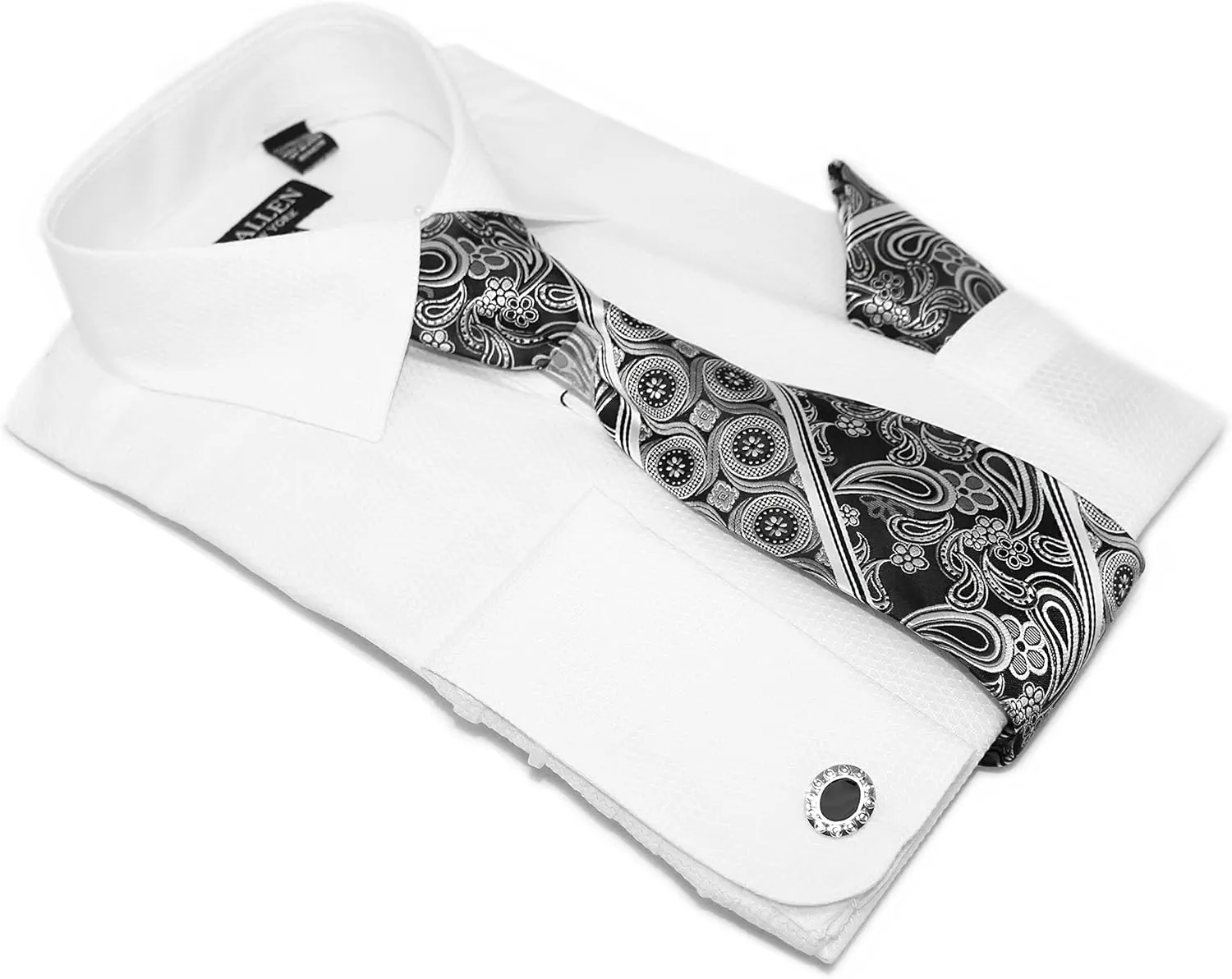 Men's Solid Micro Pattern Regular Fit Dress Shirts with Tie Hanky Cufflinks French Cuffs Combo