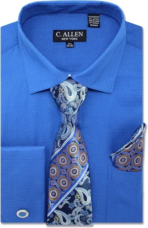 Men's Solid Micro Pattern Regular Fit Dress Shirts with Tie Hanky Cufflinks French Cuffs Combo