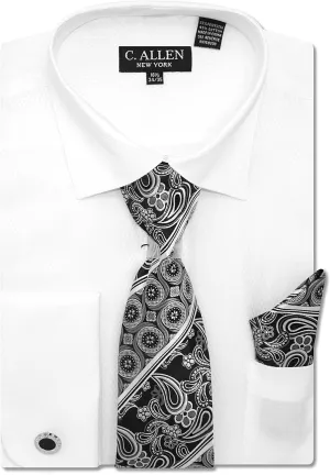 Men's Solid Micro Pattern Regular Fit Dress Shirts with Tie Hanky Cufflinks French Cuffs Combo