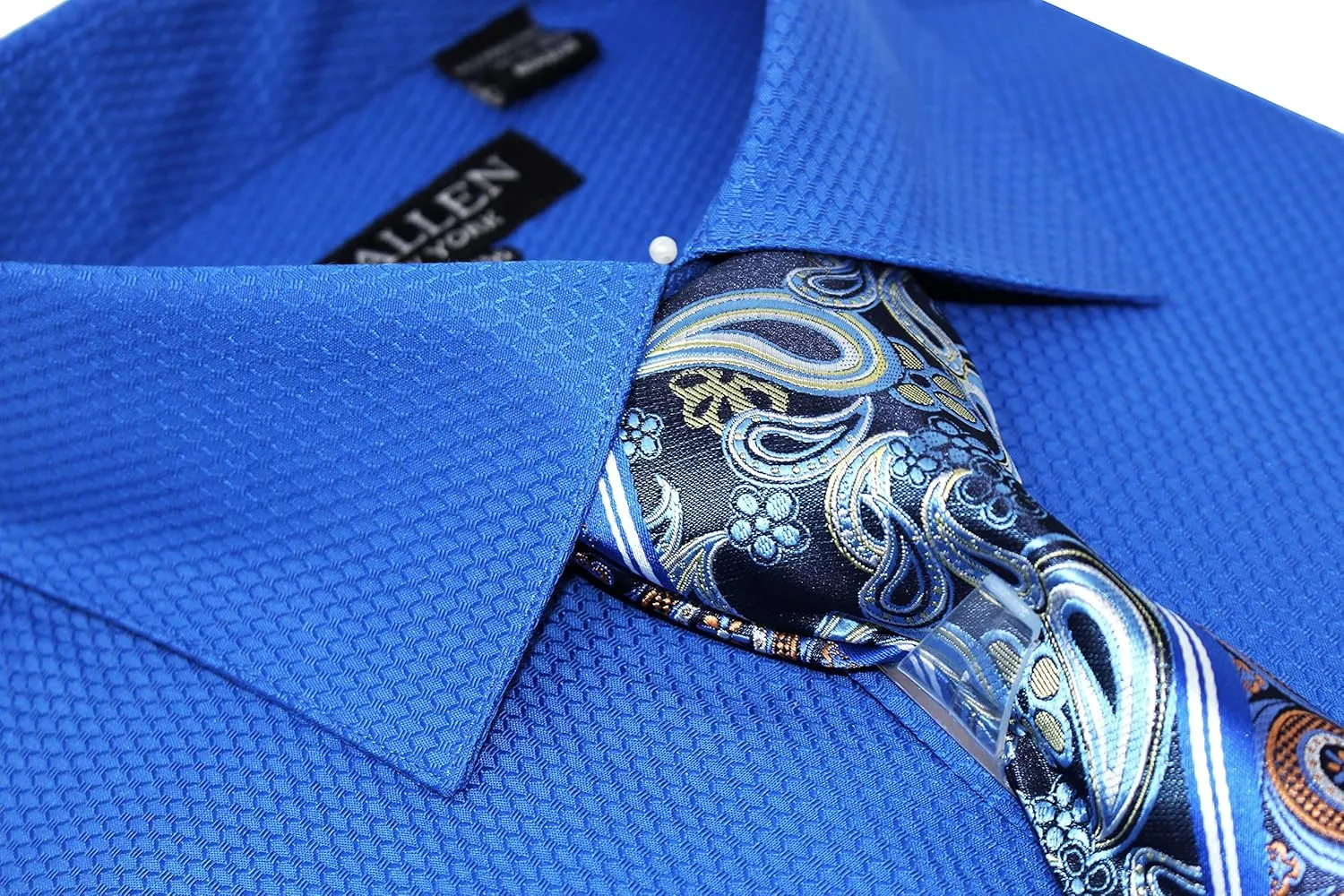Men's Solid Micro Pattern Regular Fit Dress Shirts with Tie Hanky Cufflinks French Cuffs Combo