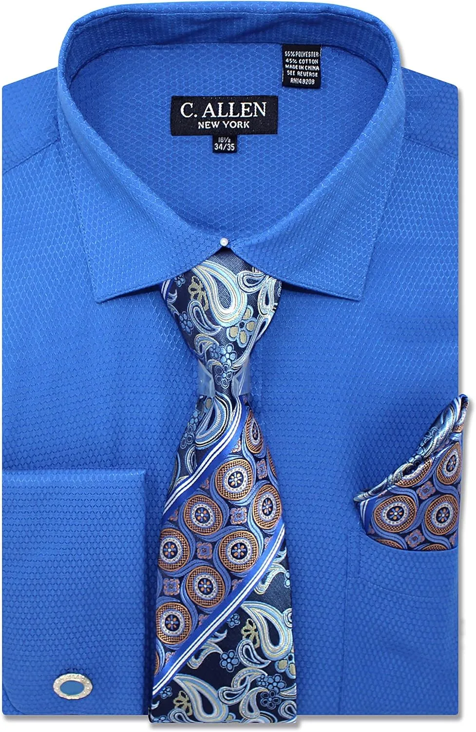 Men's Solid Micro Pattern Regular Fit Dress Shirts with Tie Hanky Cufflinks French Cuffs Combo