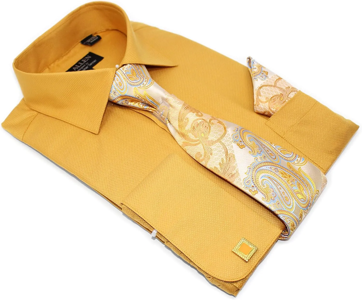 Men's Solid Square Pattern Regular Fit French Cuffs Dress Shirts with Tie Hanky Cufflinks Combo