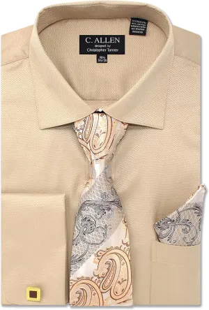 Men's Solid Square Pattern Regular Fit French Cuffs Dress Shirts with Tie Hanky Cufflinks Combo