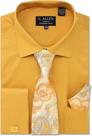 Men's Solid Square Pattern Regular Fit French Cuffs Dress Shirts with Tie Hanky Cufflinks Combo