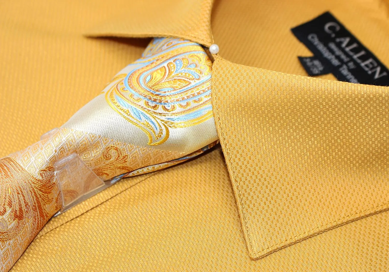 Men's Solid Square Pattern Regular Fit French Cuffs Dress Shirts with Tie Hanky Cufflinks Combo