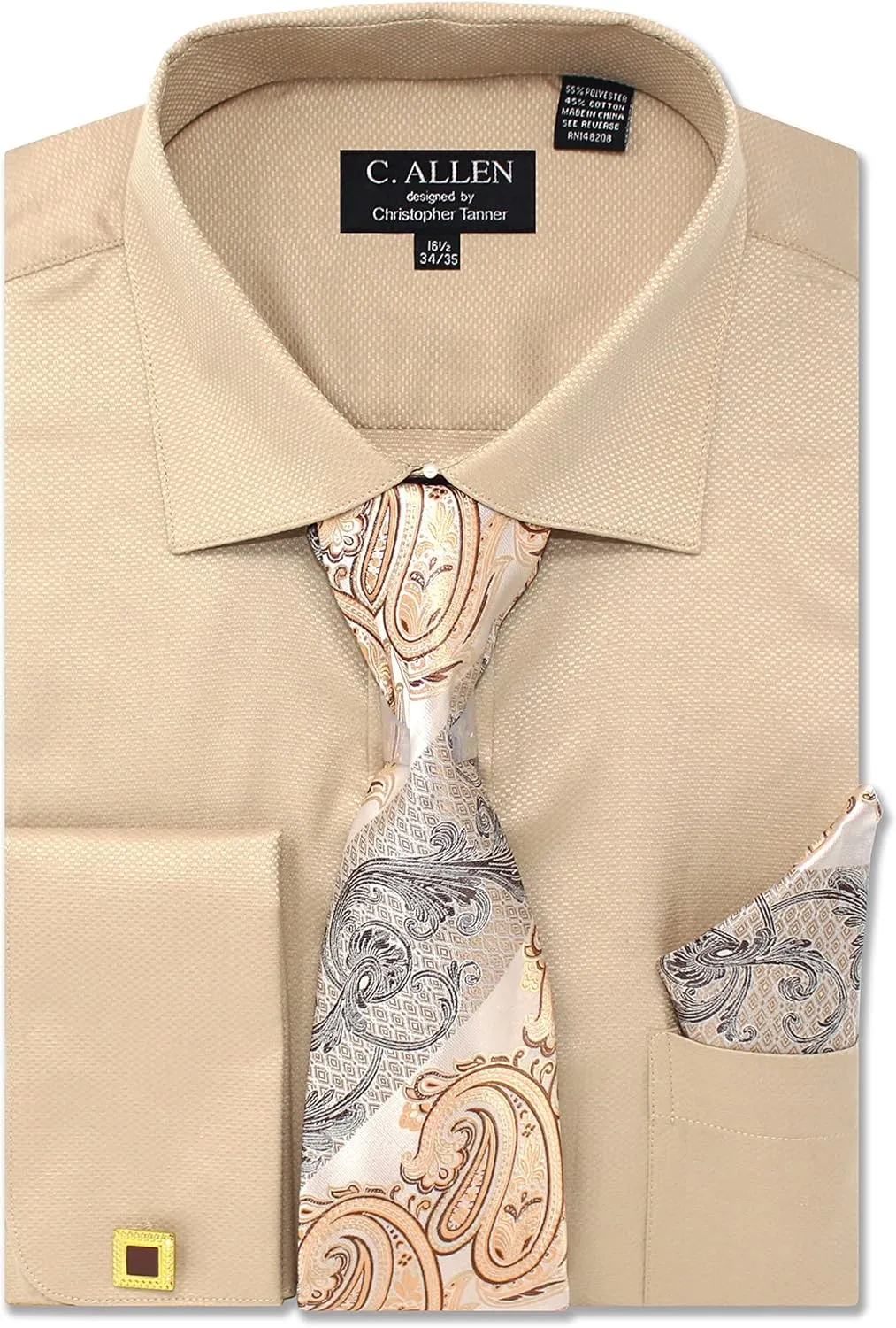 Men's Solid Square Pattern Regular Fit French Cuffs Dress Shirts with Tie Hanky Cufflinks Combo