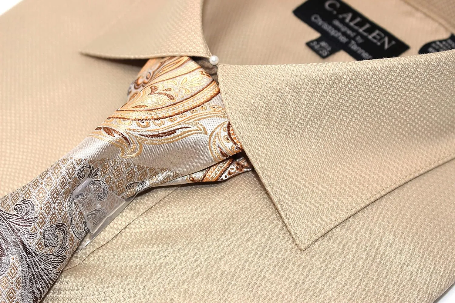 Men's Solid Square Pattern Regular Fit French Cuffs Dress Shirts with Tie Hanky Cufflinks Combo
