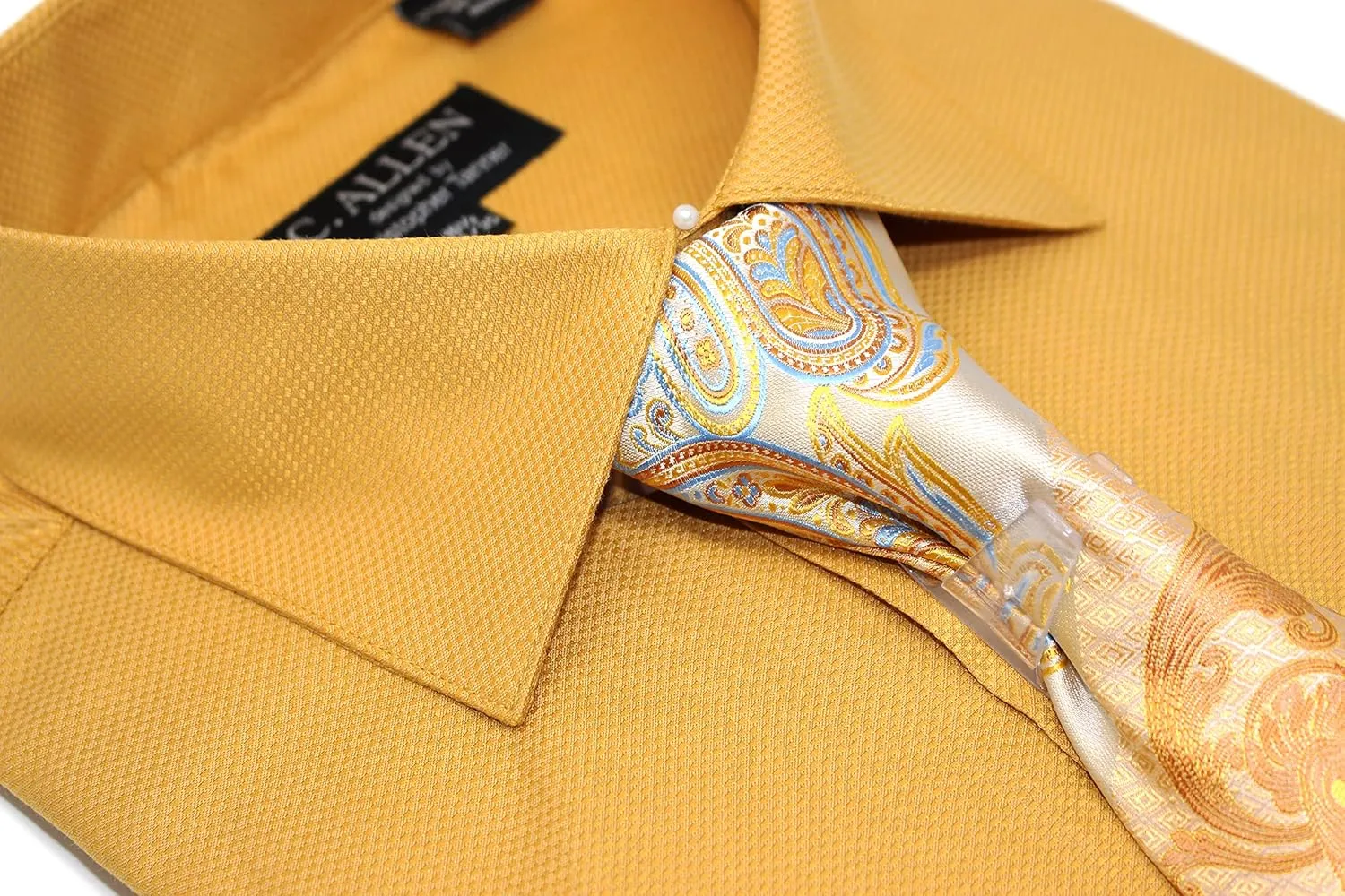 Men's Solid Square Pattern Regular Fit French Cuffs Dress Shirts with Tie Hanky Cufflinks Combo