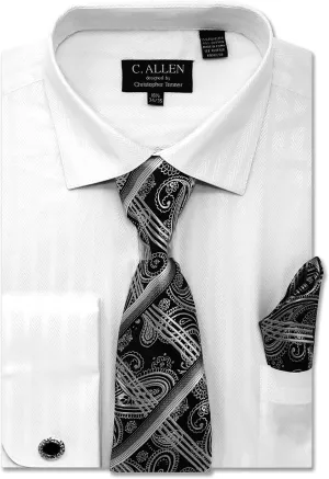 Men's Solid Striped Herringbone Regular Fit French Cuffs Dress Shirts with Tie Hanky Cufflinks Combo