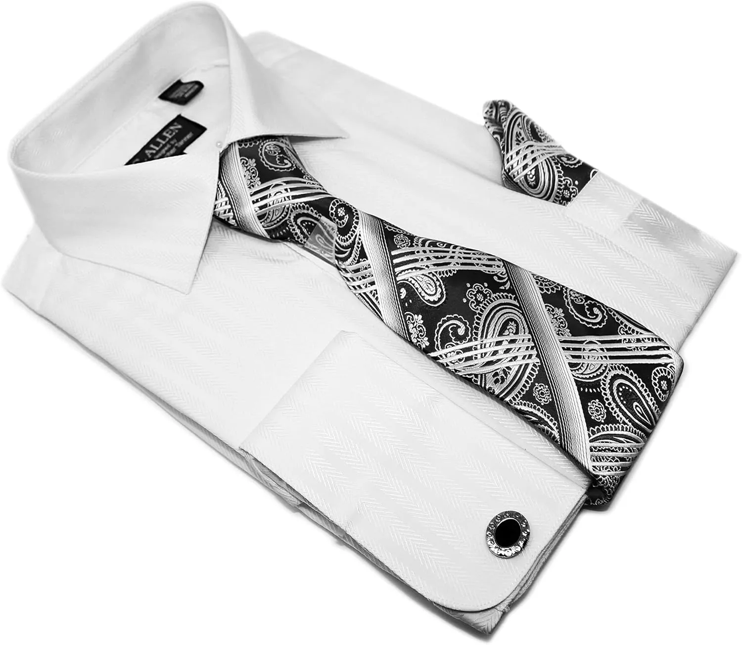 Men's Solid Striped Herringbone Regular Fit French Cuffs Dress Shirts with Tie Hanky Cufflinks Combo