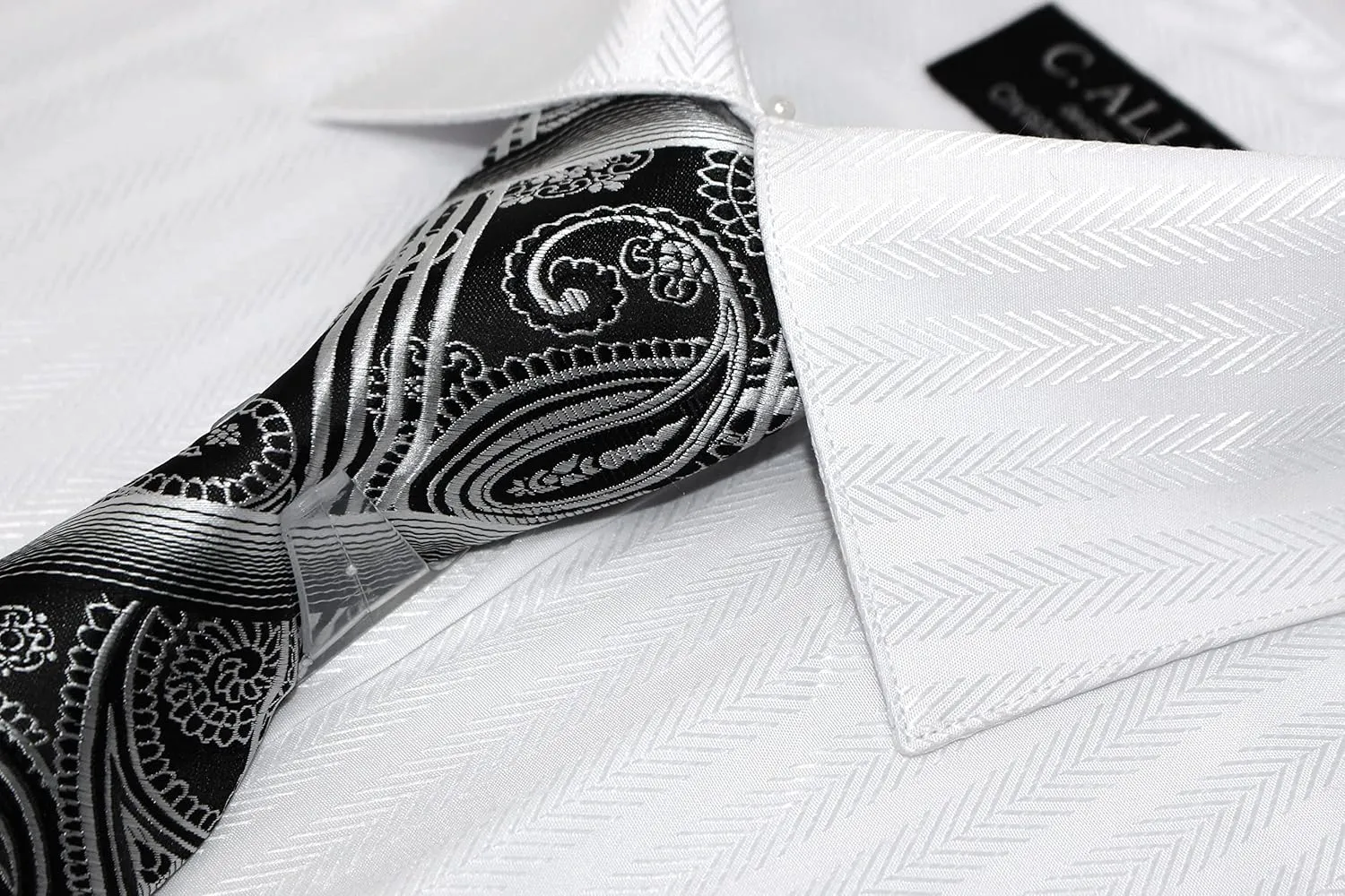 Men's Solid Striped Herringbone Regular Fit French Cuffs Dress Shirts with Tie Hanky Cufflinks Combo