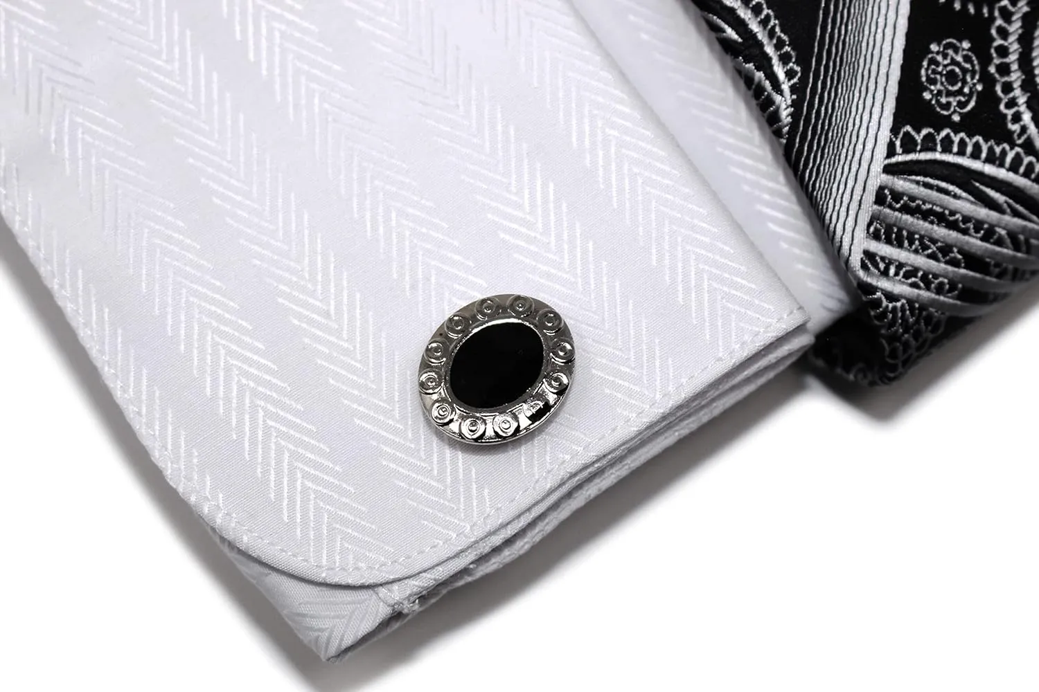 Men's Solid Striped Herringbone Regular Fit French Cuffs Dress Shirts with Tie Hanky Cufflinks Combo