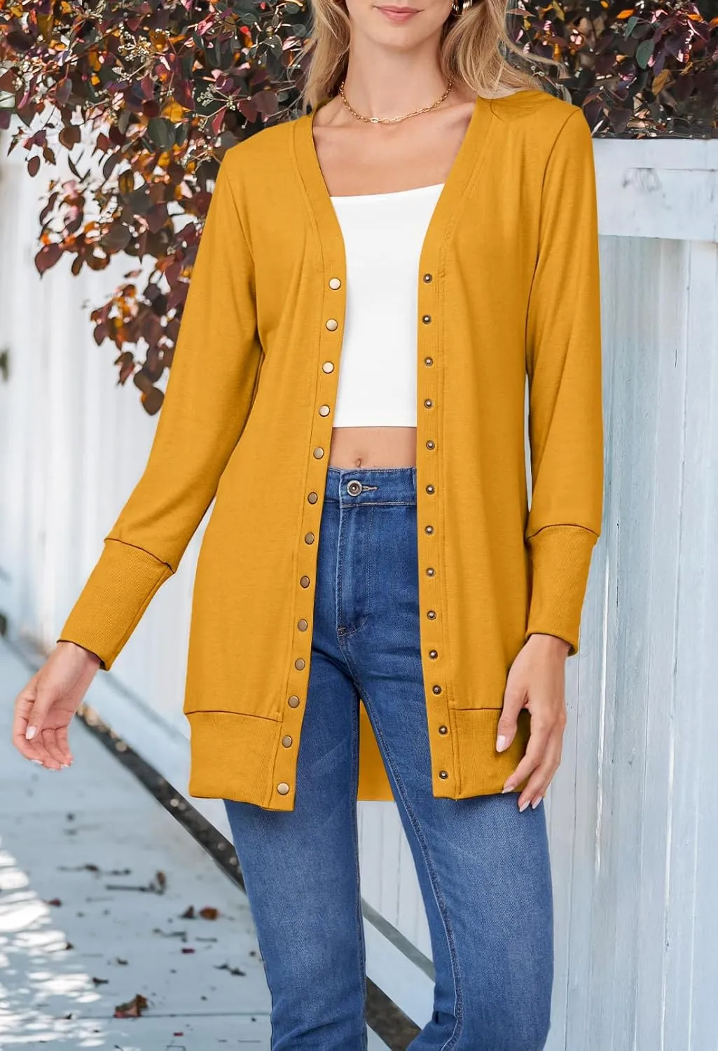 MEROKEETY Women's 2025 Fall Long Sleeve Snap Button Down Solid Color Knit Ribbed Neckline Cardigans
