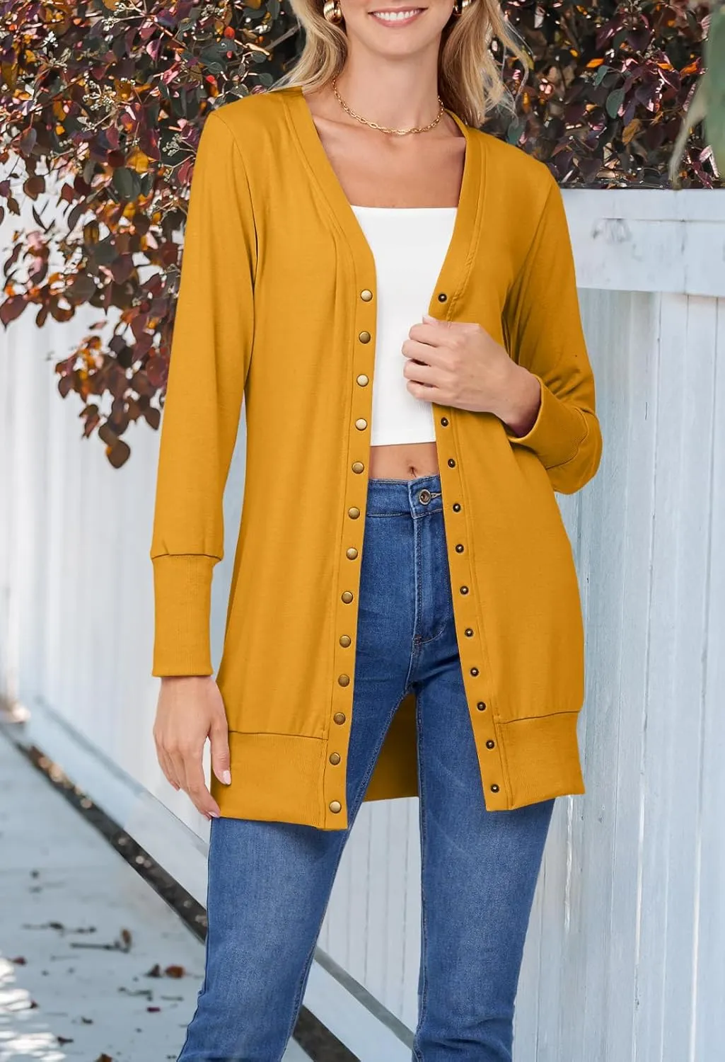 MEROKEETY Women's 2025 Fall Long Sleeve Snap Button Down Solid Color Knit Ribbed Neckline Cardigans