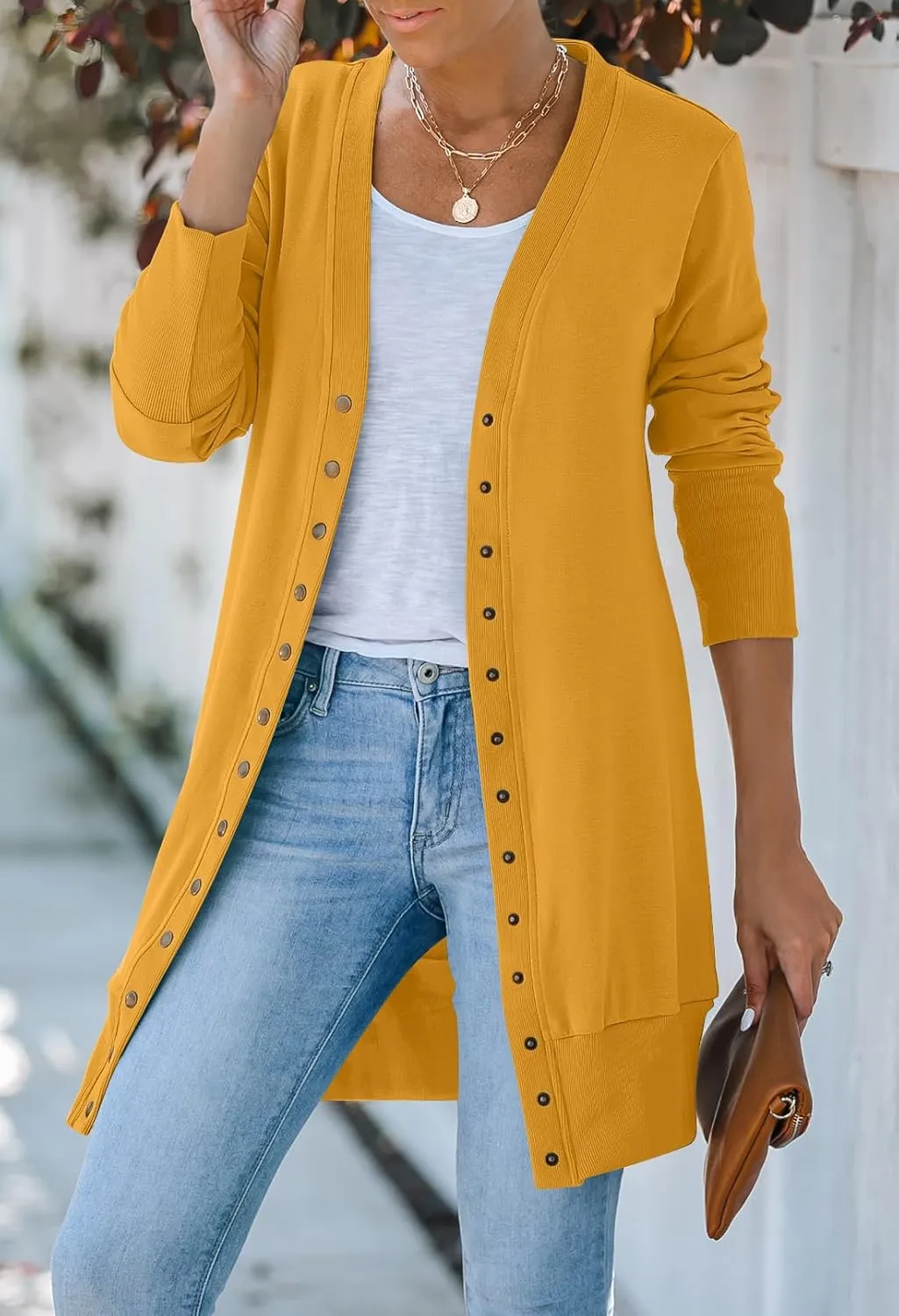 MEROKEETY Women's 2025 Fall Long Sleeve Snap Button Down Solid Color Knit Ribbed Neckline Cardigans