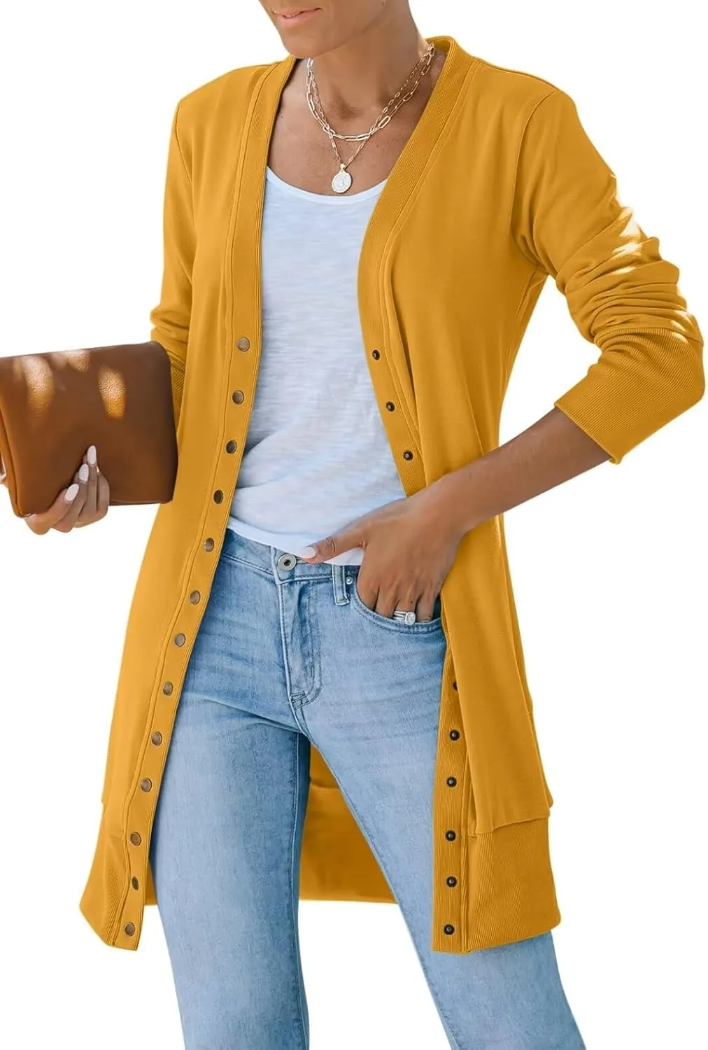 MEROKEETY Women's 2025 Fall Long Sleeve Snap Button Down Solid Color Knit Ribbed Neckline Cardigans