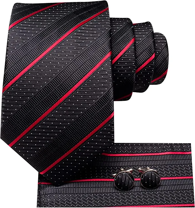 New Black and Red Striped Necktie Set-DUB1179