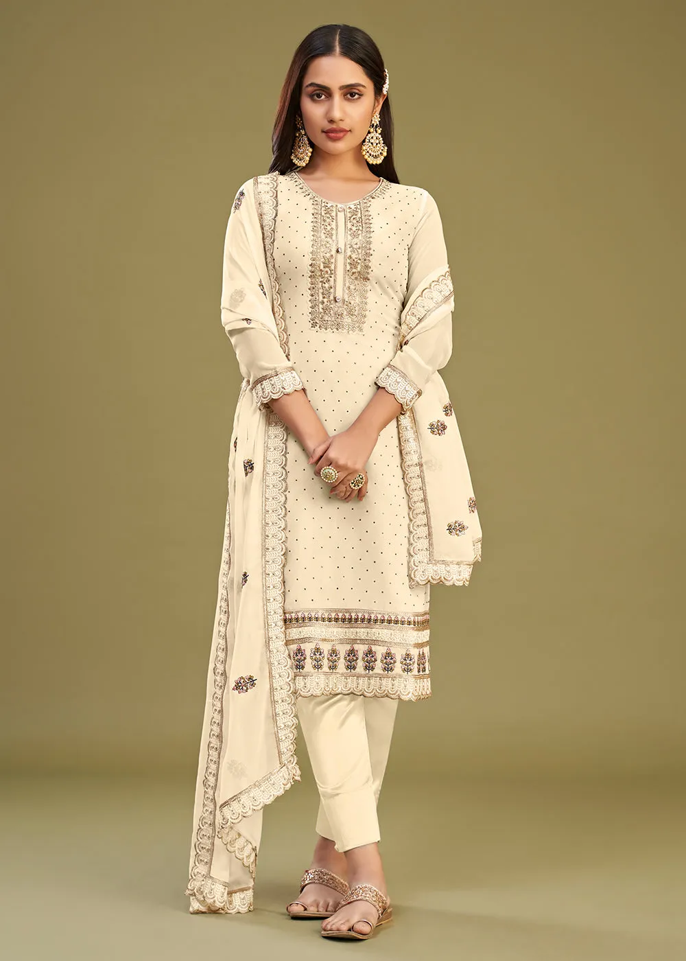 Off White Swarovski Work & Embroidered Eid Wear Salwar Suit