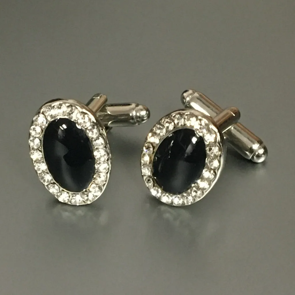 Oval Silver Cufflinks with Jet & Crystal