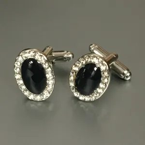 Oval Silver Cufflinks with Jet & Crystal