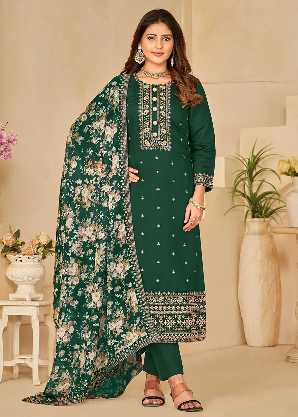 Pant Style Green Silk Embroidered Ethnic Salwar Kameez