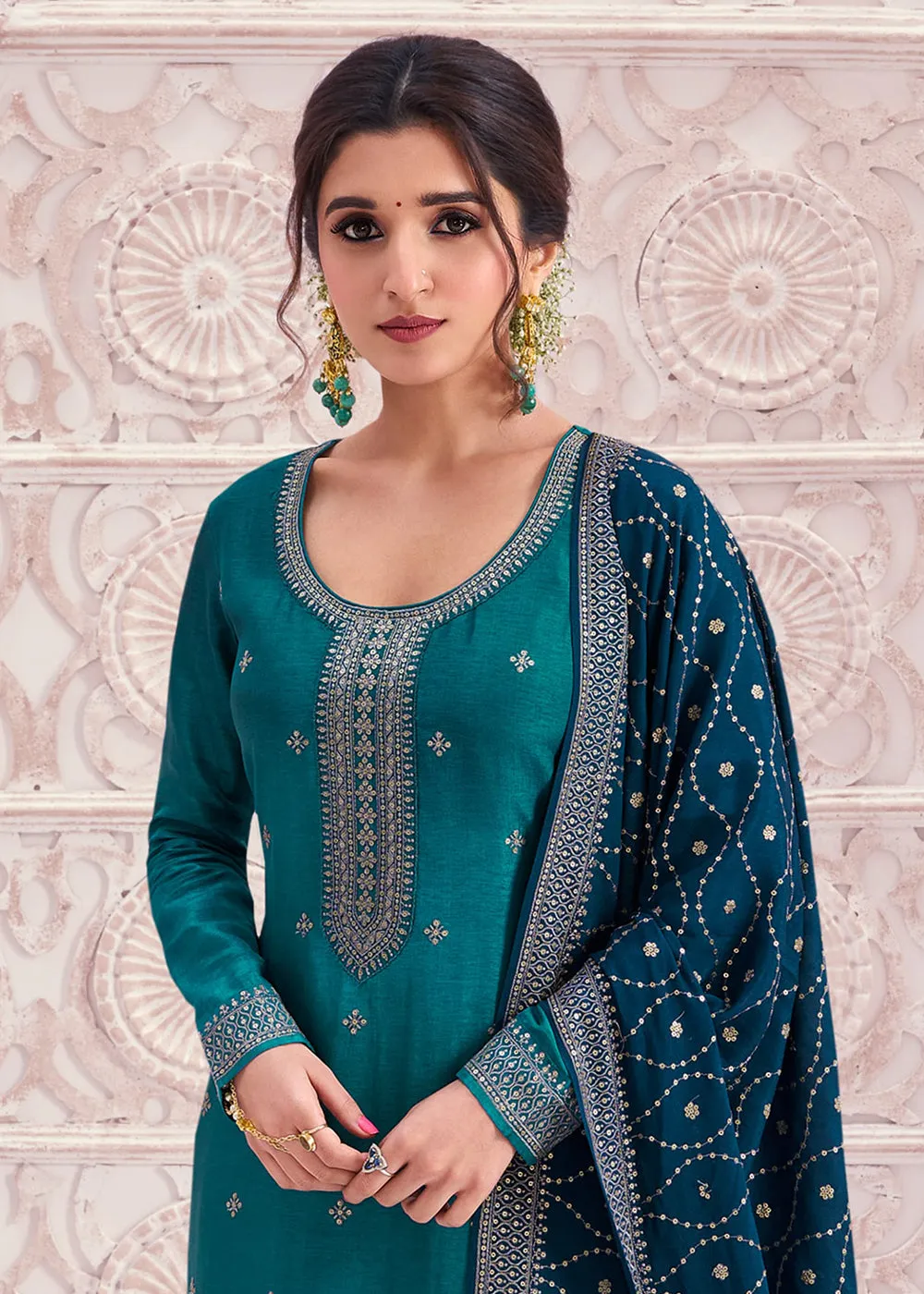 Prussian Blue Thread Embroidered Silk Salwar Suit