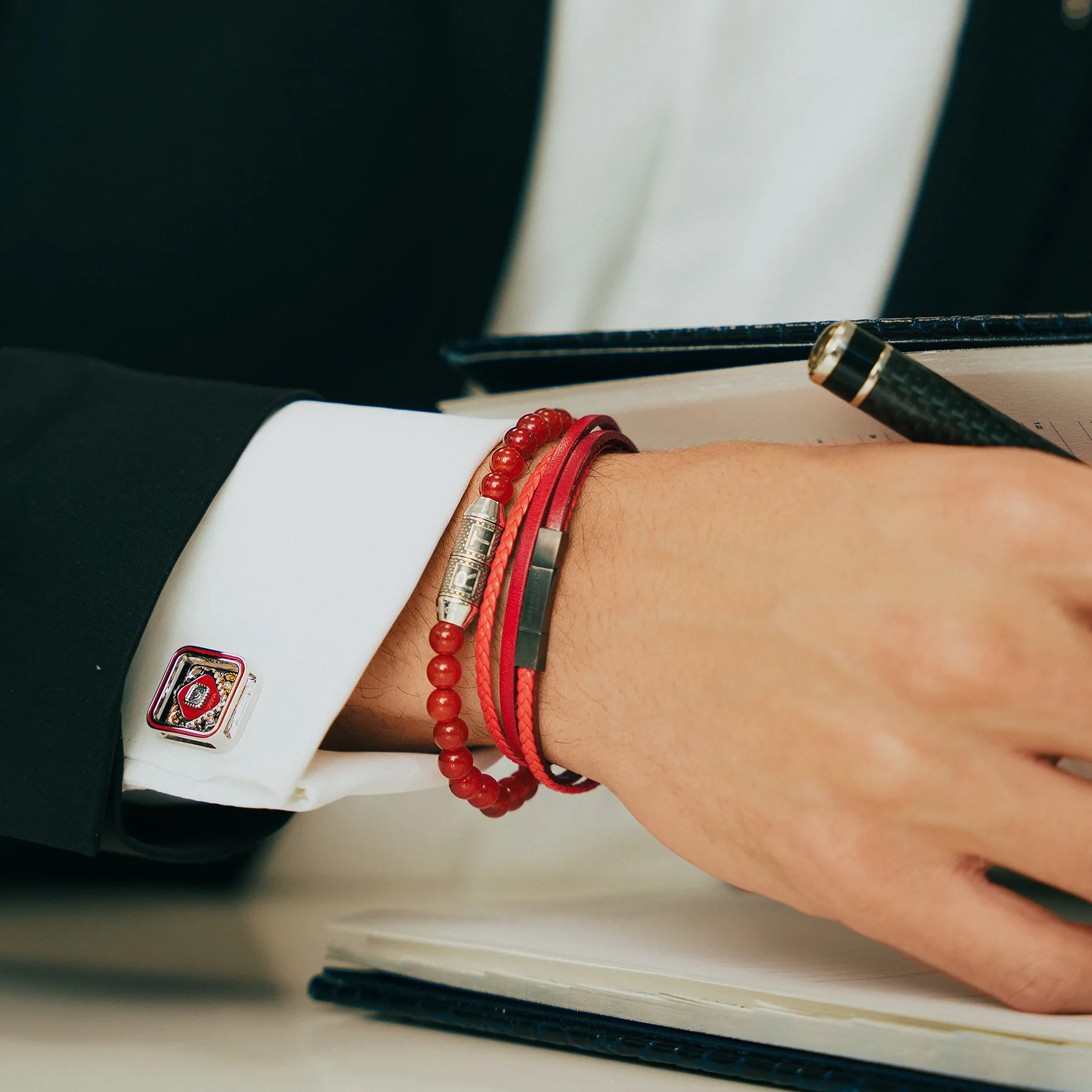 Quadrato Gear Cufflinks With Red Enamel In Palladium Plated