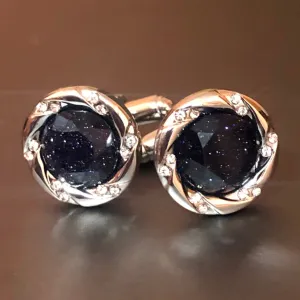 Round Silver Cufflinks with Dark Blue & Crystal