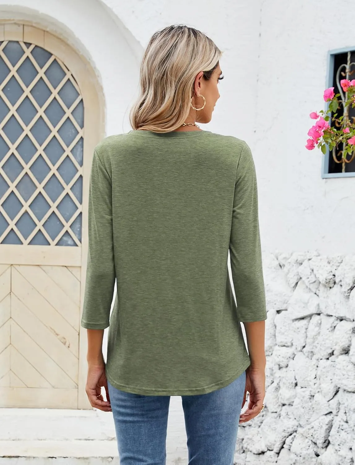 Sherosa Womens Casual 3/4 Sleeve T Shirts Crew Neck Loose Fit Tunic Tops Solid Basic Tops Tees