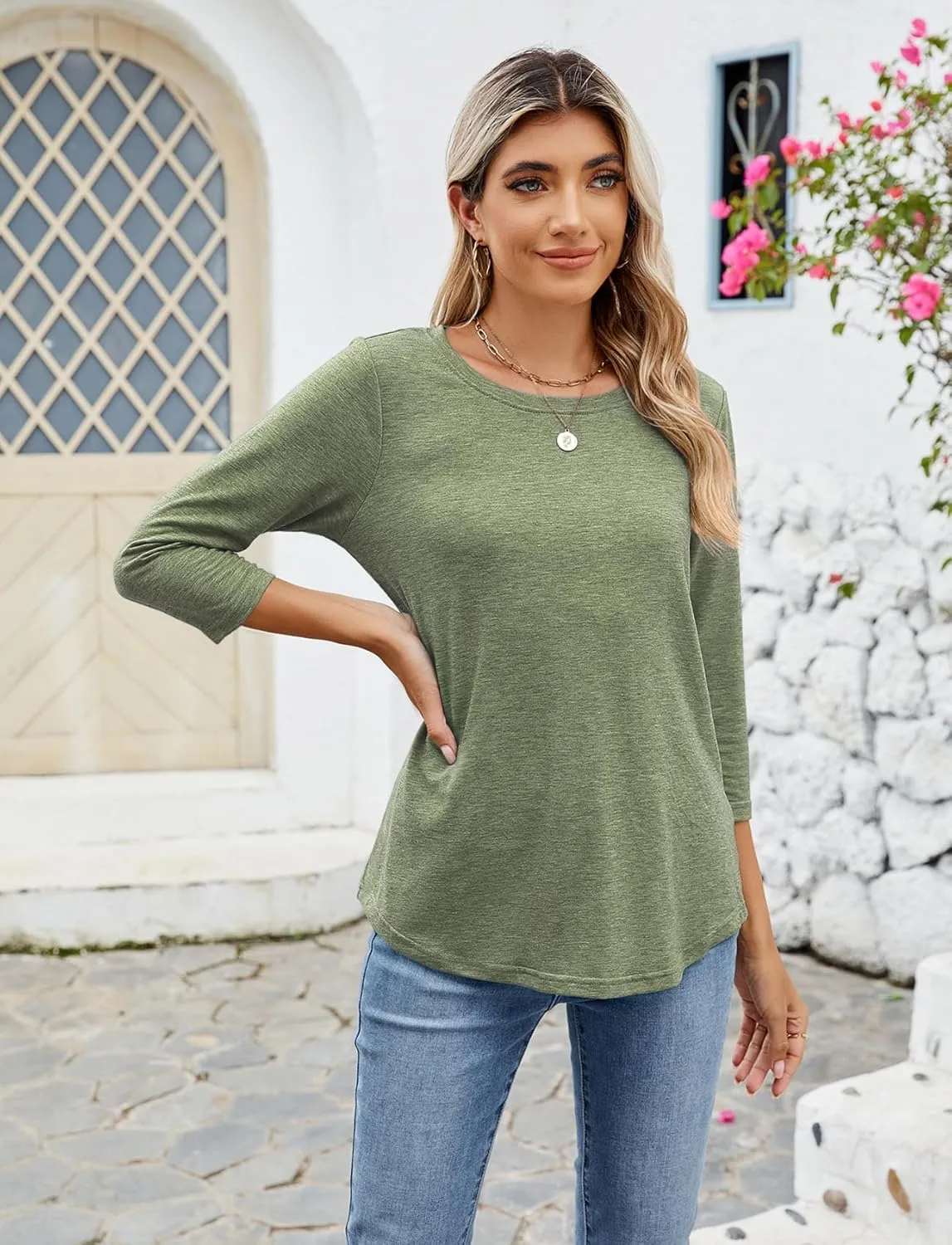 Sherosa Womens Casual 3/4 Sleeve T Shirts Crew Neck Loose Fit Tunic Tops Solid Basic Tops Tees