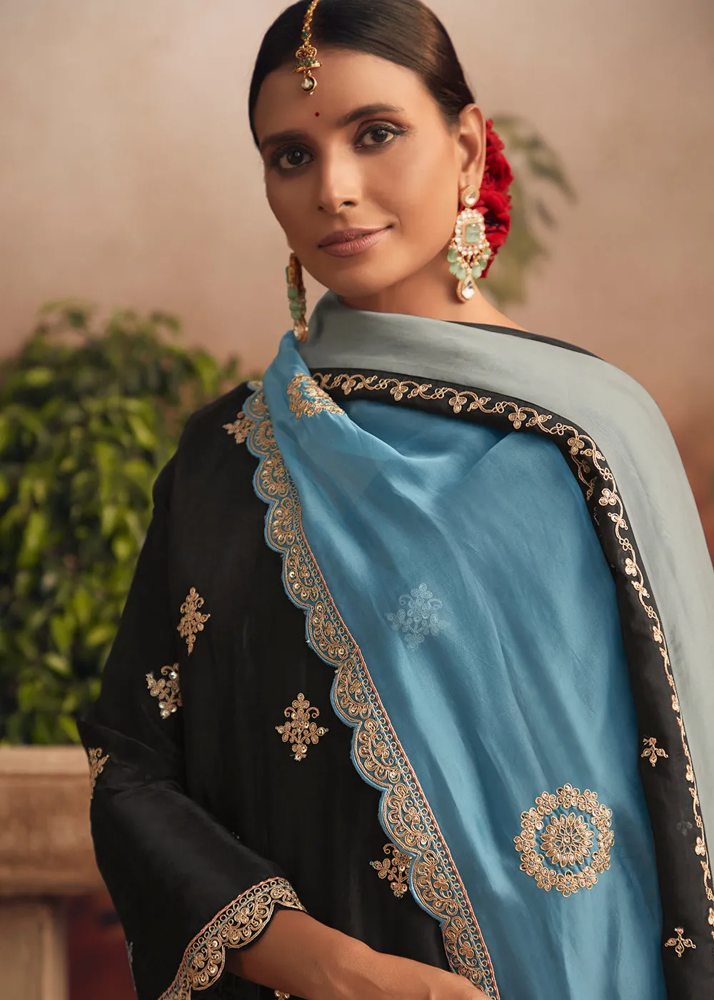 Silk Modale Jet Black Embroidered Festive Salwar Suit