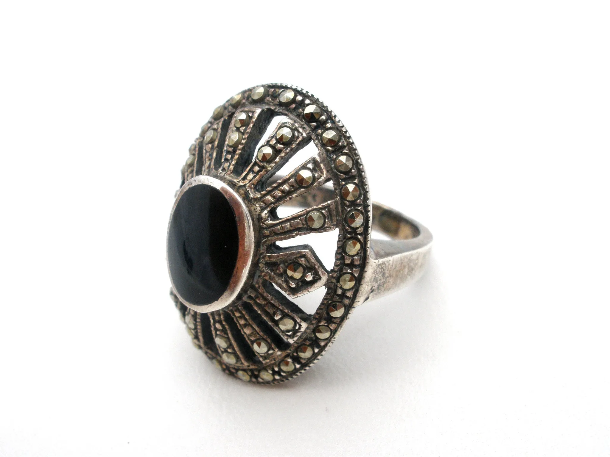 Sterling Silver Black Onyx & Marcasite Ring Size 5