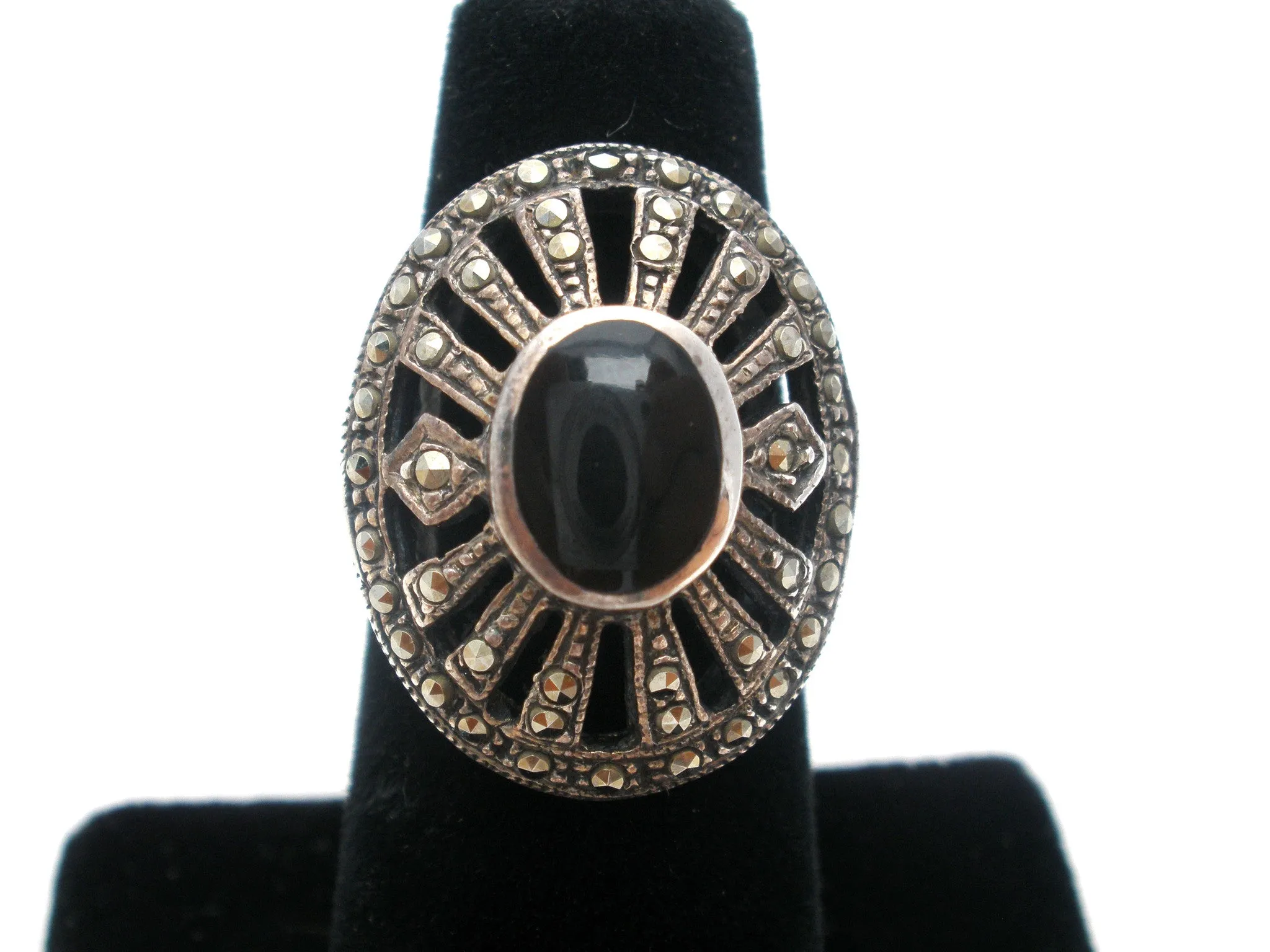 Sterling Silver Black Onyx & Marcasite Ring Size 5