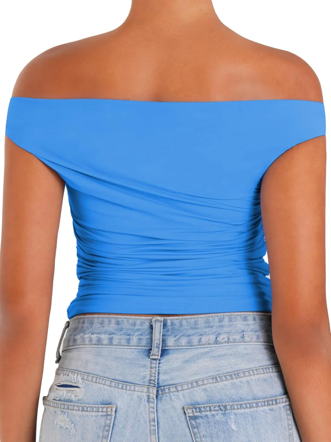 Sunzel Women's Off Shoulder Sleeveless Crop Top, Y2K Trendy Going Out Tank Shirt, Asymmetrical Neckline & Ruched Detail