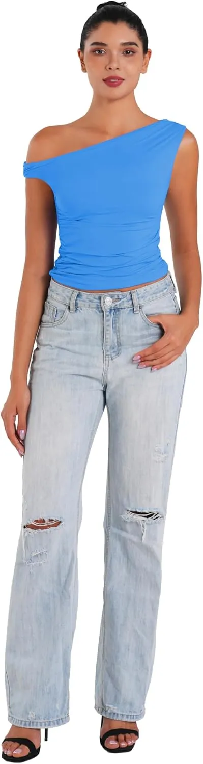 Sunzel Women's Off Shoulder Sleeveless Crop Top, Y2K Trendy Going Out Tank Shirt, Asymmetrical Neckline & Ruched Detail
