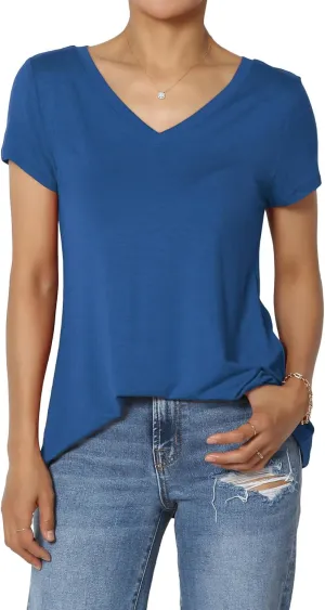TheMogan Women's Casual V-Neck Short Sleeve T-Shirt Soft Drapey Jersey Relaxed Top Perfect Tee