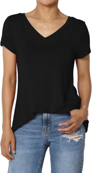TheMogan Women's Casual V-Neck Short Sleeve T-Shirt Soft Drapey Jersey Relaxed Top Perfect Tee
