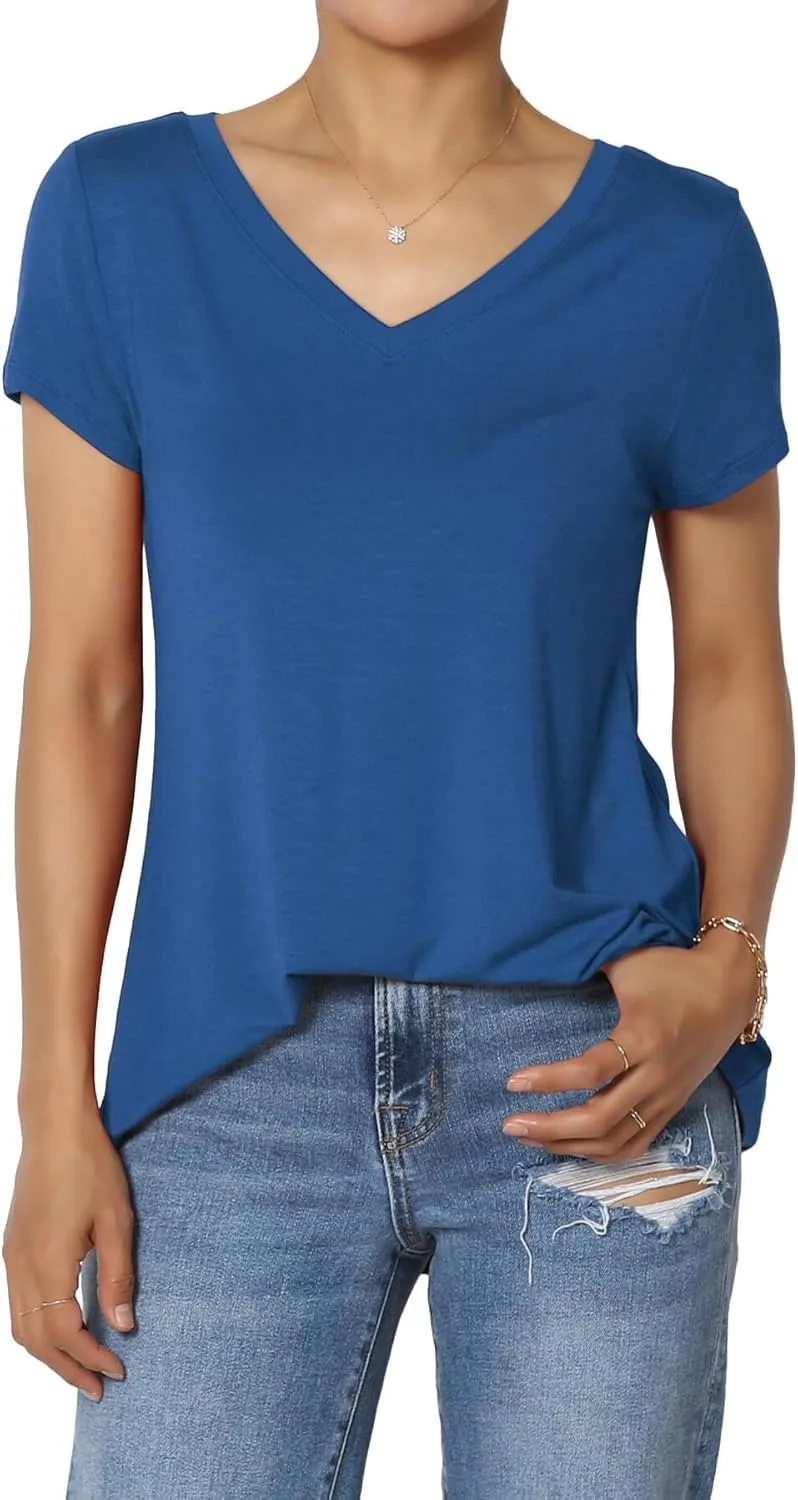 TheMogan Women's Casual V-Neck Short Sleeve T-Shirt Soft Drapey Jersey Relaxed Top Perfect Tee