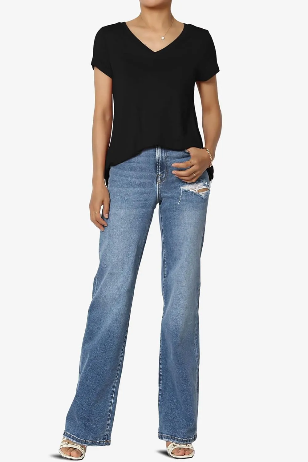 TheMogan Women's Casual V-Neck Short Sleeve T-Shirt Soft Drapey Jersey Relaxed Top Perfect Tee